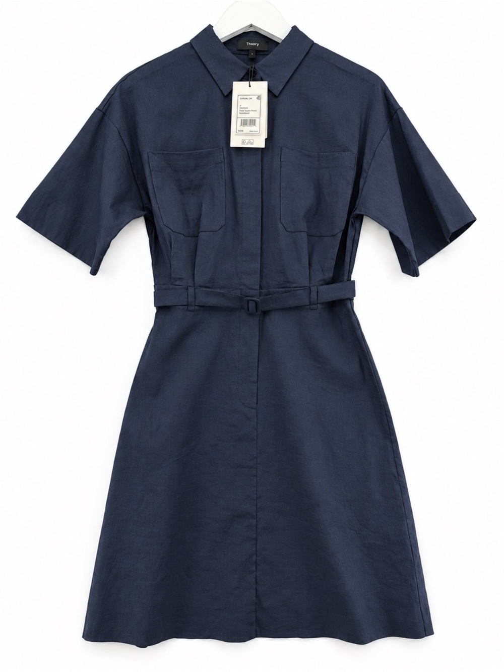 Theory Women’s Navy Blue Linen Blend Belted Shirt Dress Short Sleeve Size 4